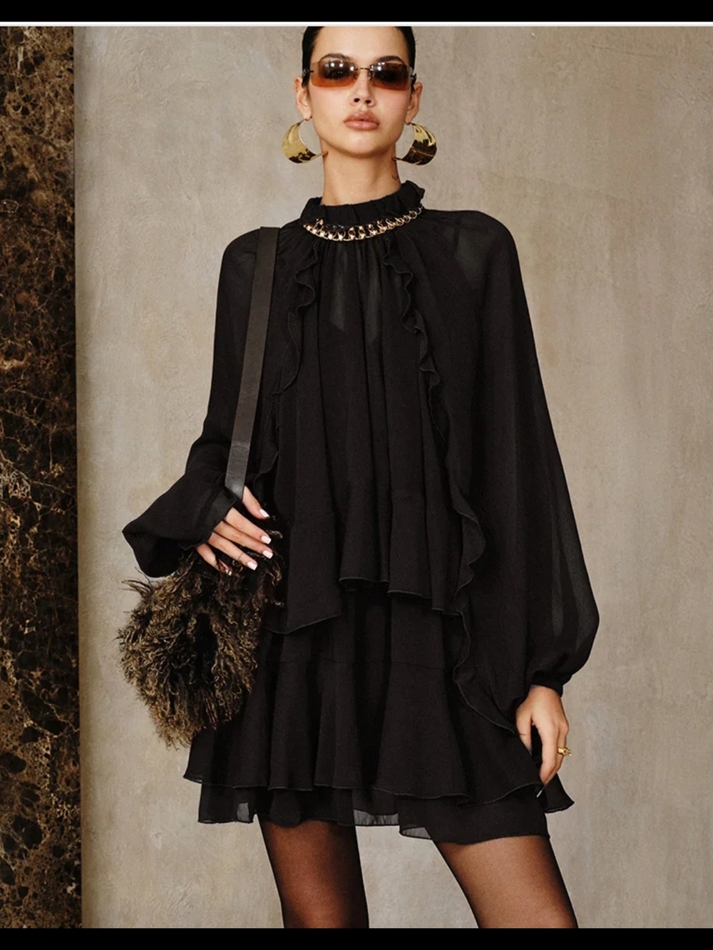 Commense Black Ruffled Mini Dress With Long sleeves